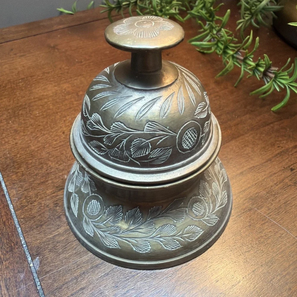 Vintage Solid Brass Elephant Claw Bell Engraved Leaf Pattern with Stand 3